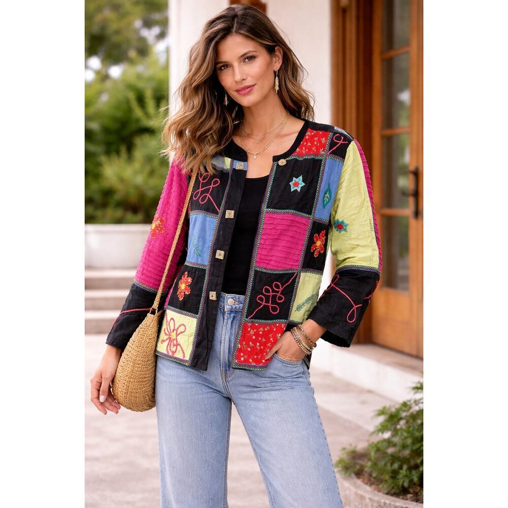 Vintage Womens Eclectic Boho Patchwork Jacket XL Artsy Dopamine Festival